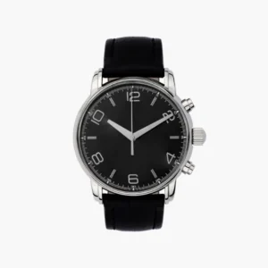 Round silver-tone watch with a black dial and black strap