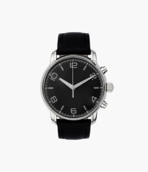 Round silver-tone watch with a black dial and black strap