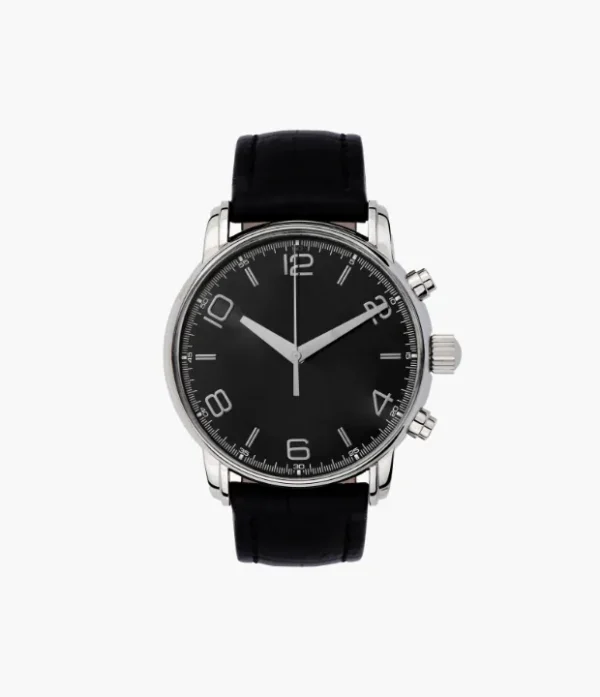 Black Dial Watch Round silver-tone watch with a black dial and black strap