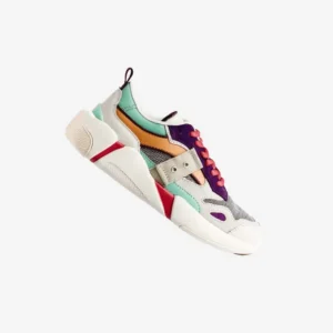 Chunky sneaker with off-white, mint, orange, purple and grey panels and red laces