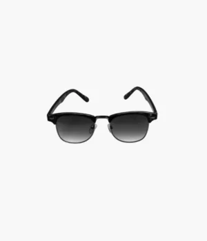 Browline sunglasses with a black upper frame and dark gradient lenses